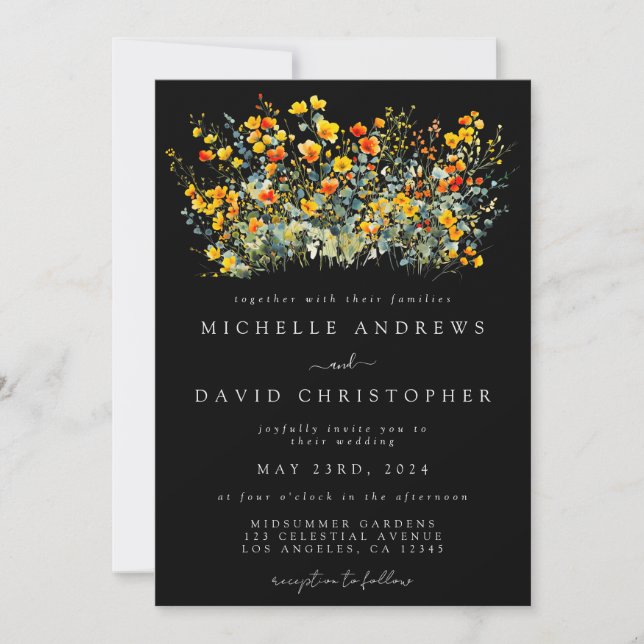 Colorful Black Summer Floral Wedding Invitation (Front)