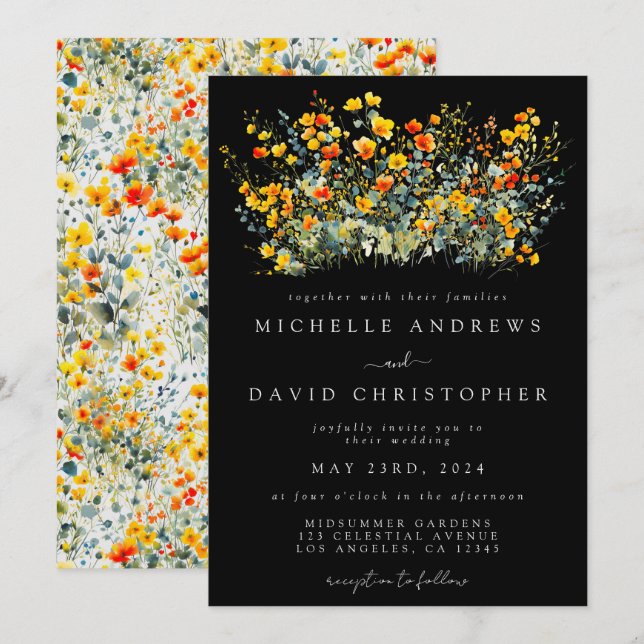 Colorful Black Summer Floral Wedding Invitation (Front/Back)