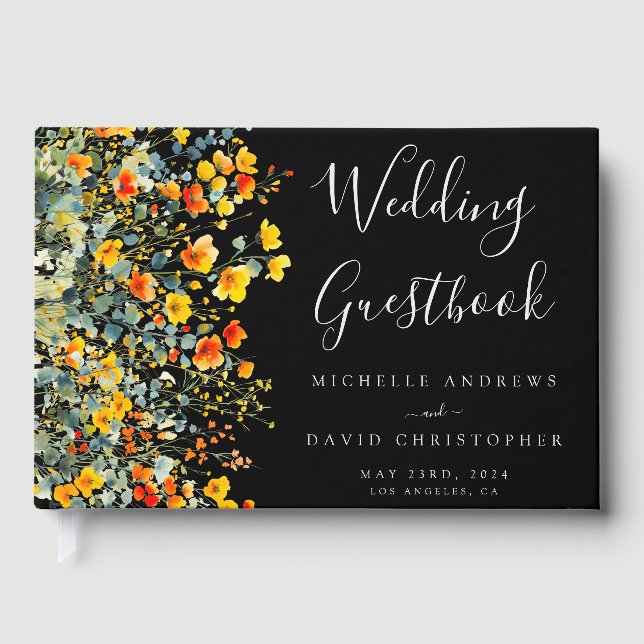 Colorful Black Watercolor Floral Wedding Guest Book (Front)