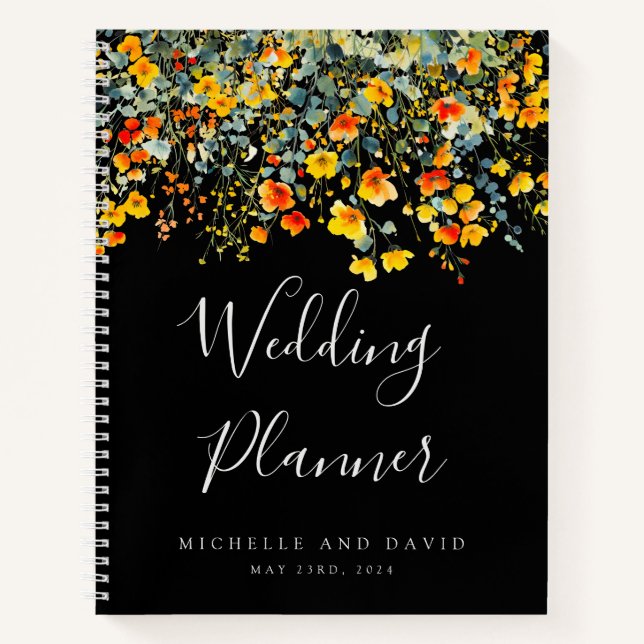 Colorful Black Watercolor Floral Wedding Planner Notebook (Front)