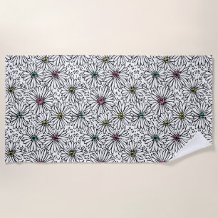 Colorful Black + White Daisies Pattern Beach Towel