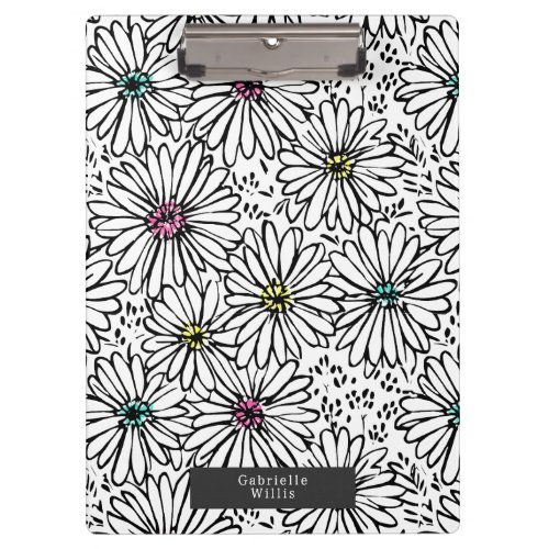 Colorful Black  White Daisies Pattern  Clipboard