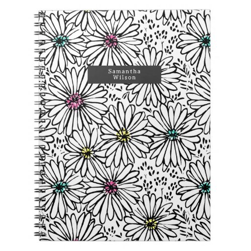 Colorful Black  White Daisies Pattern  Notebook