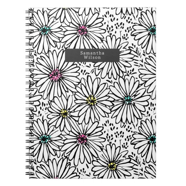Colorful Black + White Daisies Pattern  Notebook (Front)