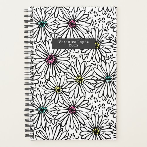 Colorful Black  White Daisies Pattern Planner