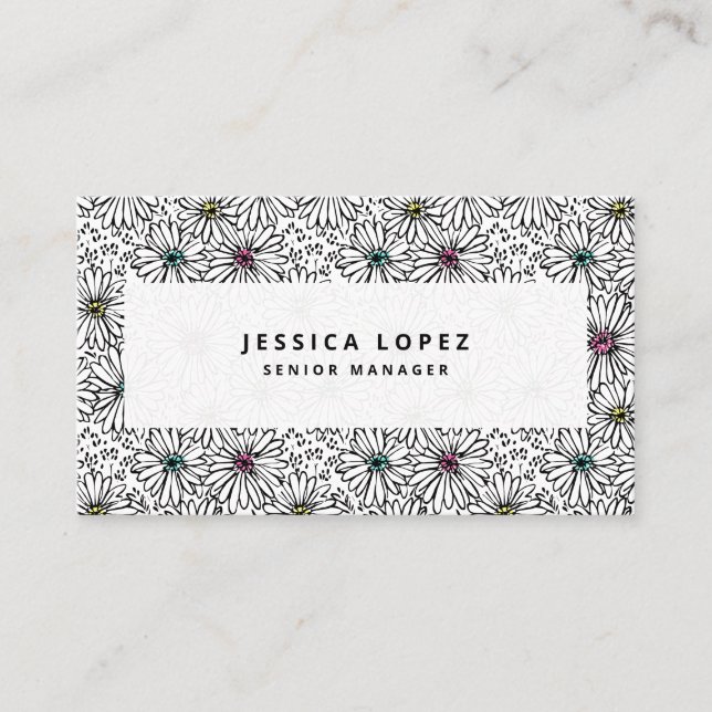 Colorful Black + White Daisy Pattern Professional  Business Card (Front)