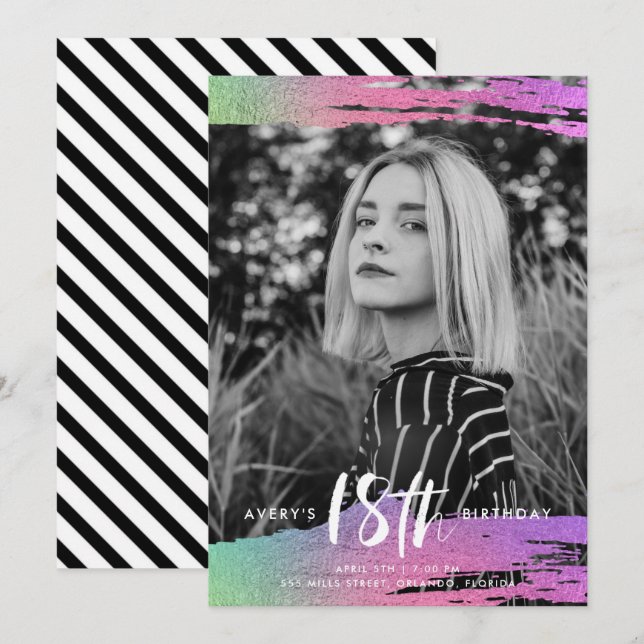 Colorful Black White Photo 18th Birthday Invitation (Front/Back)