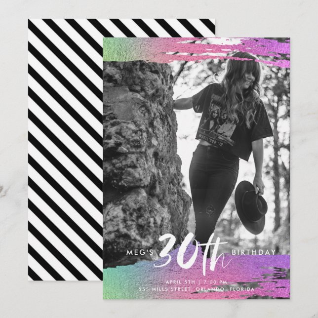 Colorful Black White Photo 30th Birthday Invitation (Front/Back)