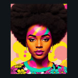 Colorful Black Woman Afro Pop Art Poster<br><div class="desc">This pop art style artwork features a beautiful black woman with a large afro,  70s aesthetic with some flower power and hoop earrings. A vibrant melanin beauty with natural hair in a bold,  multicolor digital art piece. Cyan,  magenta pink,  and yellow color scheme with some peach.</div>