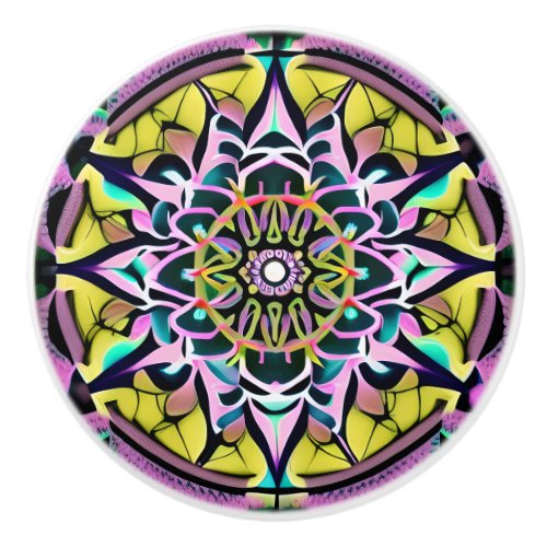 Colorful Black Yellow Pink  Green Boho Mandala Ceramic Knob