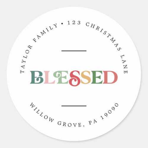 Colorful Blessed Christmas Circular Return Address Classic Round Sticker