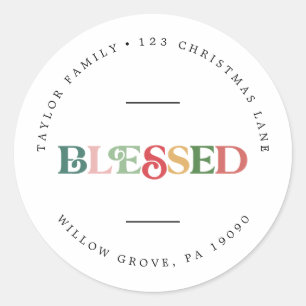 Colorful Blessed Christmas Circular Return Address Classic Round Sticker