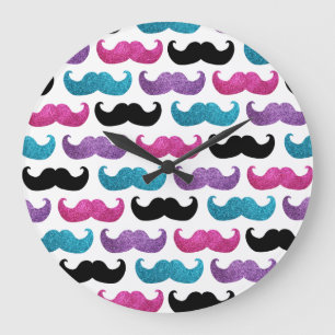 Colorful bling mustache pattern (Faux glitter) Large Clock