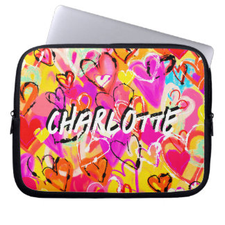 Colorful Bliss: Yellow & Pink Graffiti Hearts Laptop Sleeve