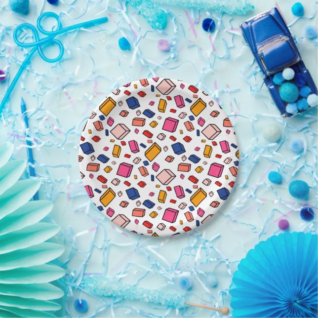 Colorful Block Brick Pattern Drawing Kids Birthday Paper Plates (Party)