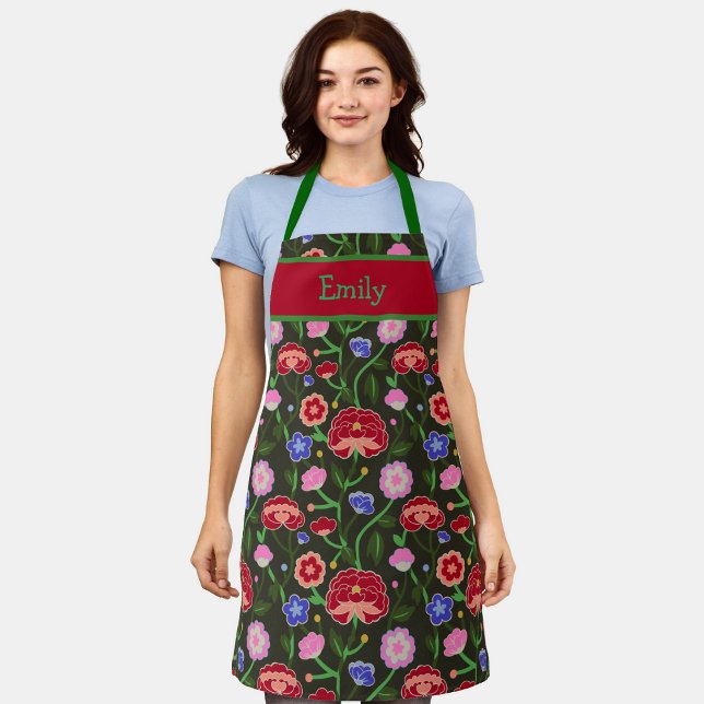 Colorful Block Print Peony Flowers Pattern Name  Apron (Creator Uploaded)