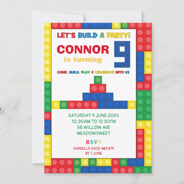 Colorful Blocks 9th Birthday Party Building Block Invitation (Front)