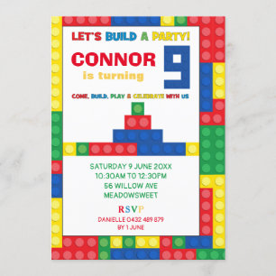 Colorful Blocks 9th Birthday Party Building Block Invitation