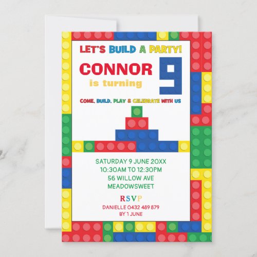 Colorful Blocks 9th Birthday Party Building Block Invitation