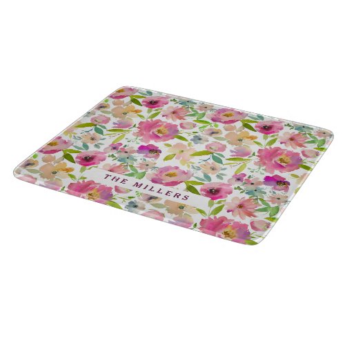 Colorful Blooming Chic Mint Blush Floral Monogram Cutting Board