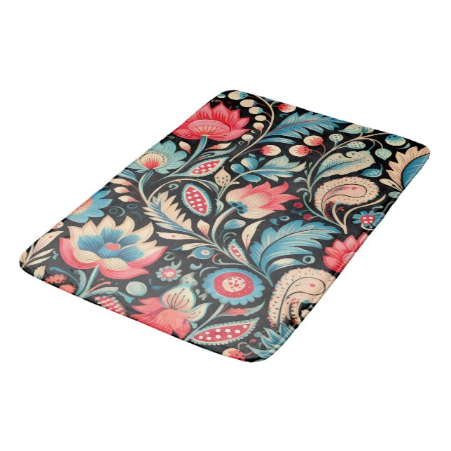 Colorful Blooms and Paisley Patterns on Black Bath Mat (Angled)