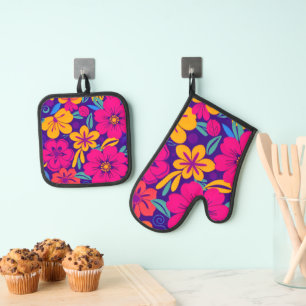 Colorful Blooms-Dopamine Style-Retro Flowers Oven Mitt & Pot Holder Set