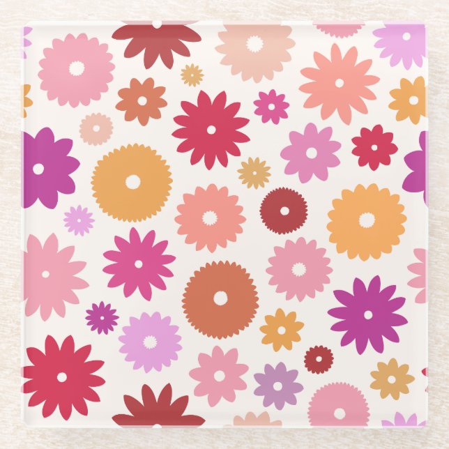 Colorful Blooms Pattern Glass Coaster (Front)