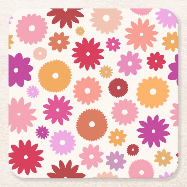 Colorful Blooms Pattern Square Paper Coaster (Front)