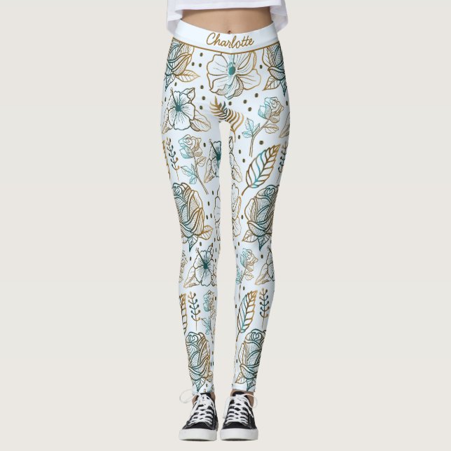 Colorful blossom floral pattern personalized name  leggings (Front)