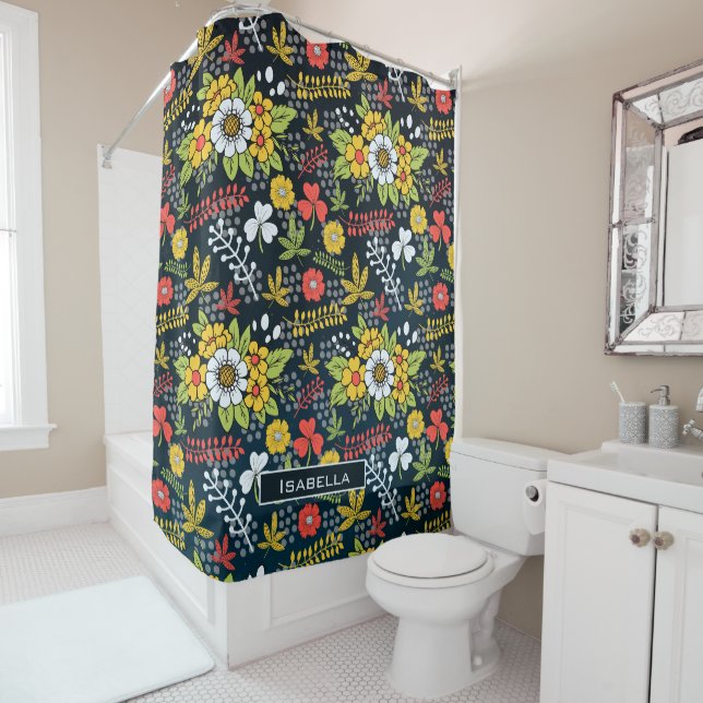 Colorful blossom floral pattern personalized name shower curtain (In Situ)