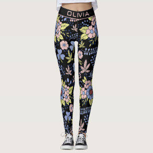 Colorful blossom floral seamless pattern with name leggings