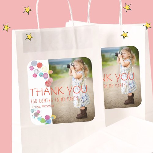 Colorful Blots Kids Photo Thank you Birthday Party Square Sticker