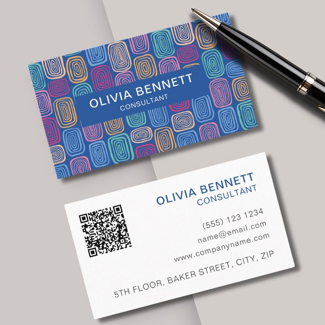 Colorful Blue abstract Business Card (Colorful, modern, abstract business card in blue and pink tones. Customize with QR & contact details)