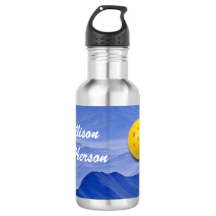 Colorful Blue Abstract with Pickleball and Name Stainless Steel Water Bottle
