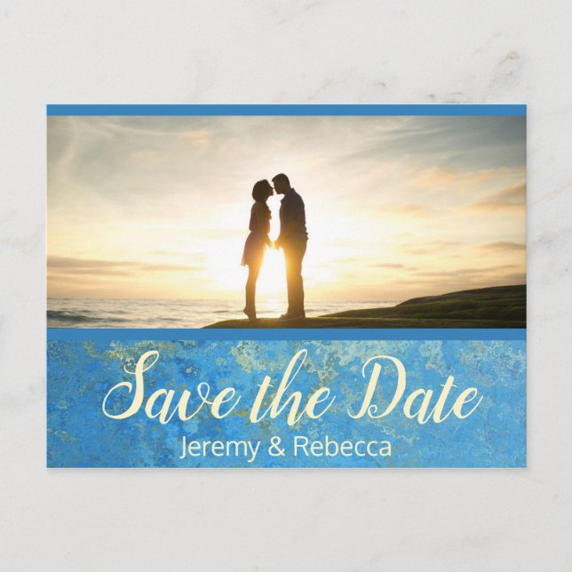 Colorful Blue and Gold Save the Date Postcard (Front)