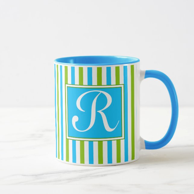 Colorful Blue and Green Stripe Pattern Monogram Mug (Right)