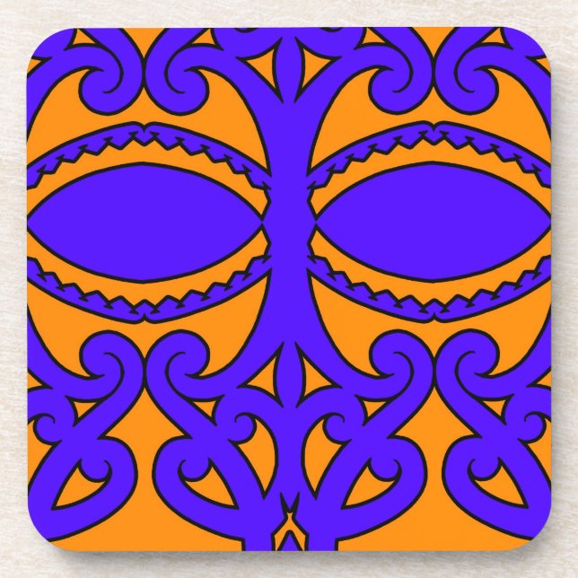 Colorful blue and orange tattoo patterns drink coaster (Front)