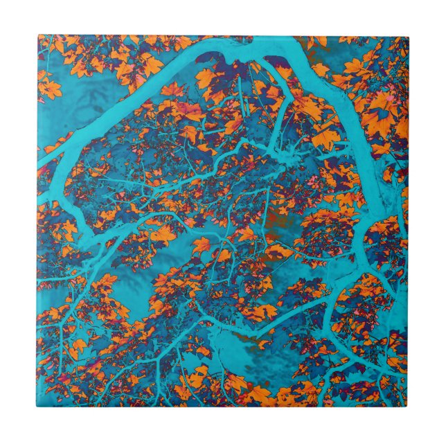 Colorful blue and orange trees ceramic tile (Front)