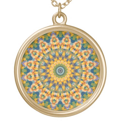 Colorful Blue and Yellow Mandala Kaleidoscope Gold Plated Necklace