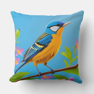 💙 Colorful Blue Bird Floral Art Gift For Mom 🌿 Throw Pillow