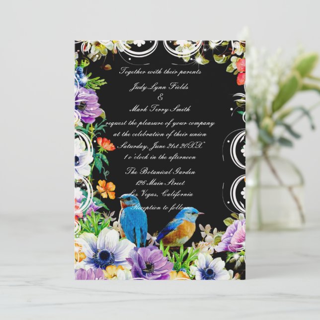 Colorful Blue Birds And Botanical Floral Invitation (Standing Front)