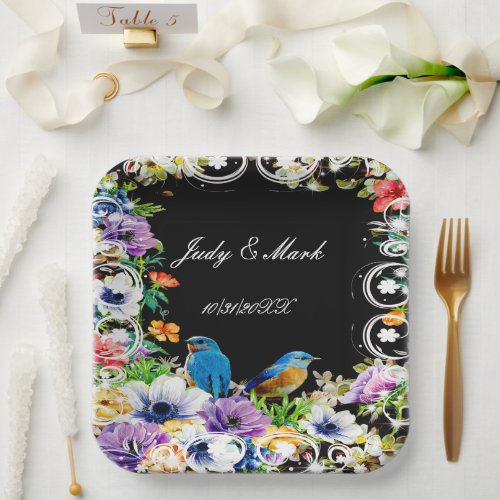 Colorful Blue Birds And Botanical Floral Paper Plates