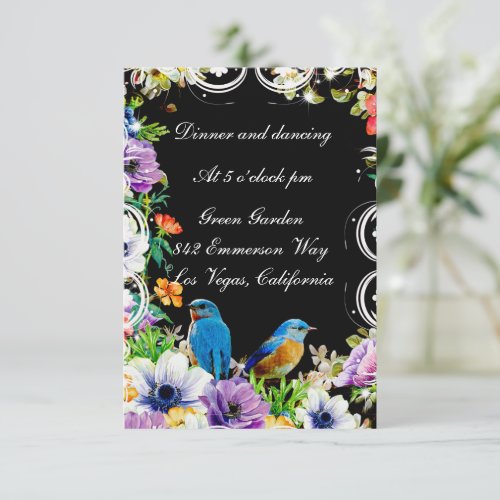 Colorful Blue Birds And Botanical Floral Reception Invitation