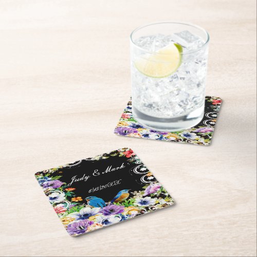 Colorful Blue Birds And Botanical Floral Square Paper Coaster