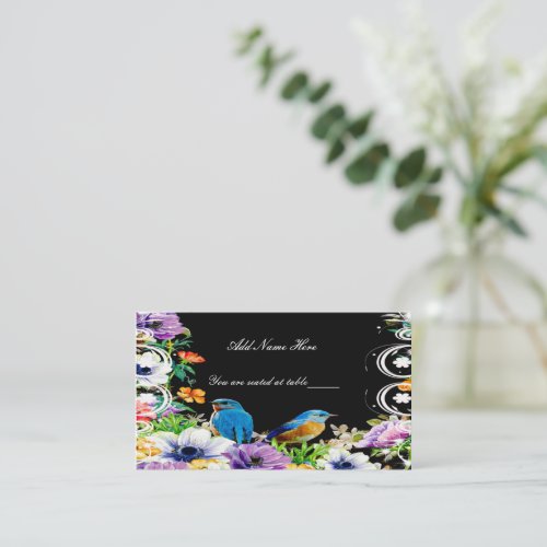 Colorful Blue Birds And Botanical Floral Table Place Card