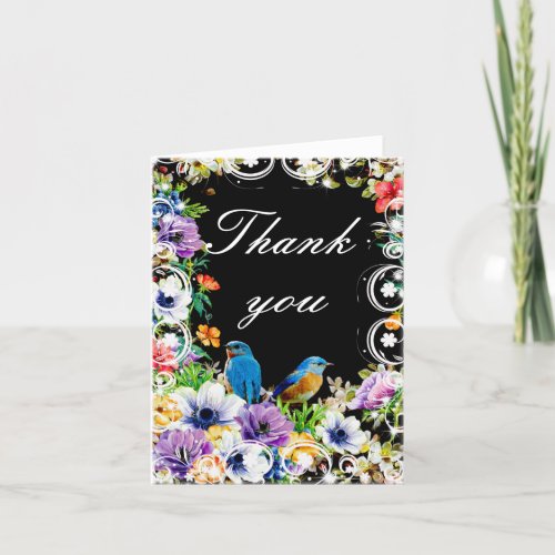Colorful Blue Birds And Botanical Floral Thank You
