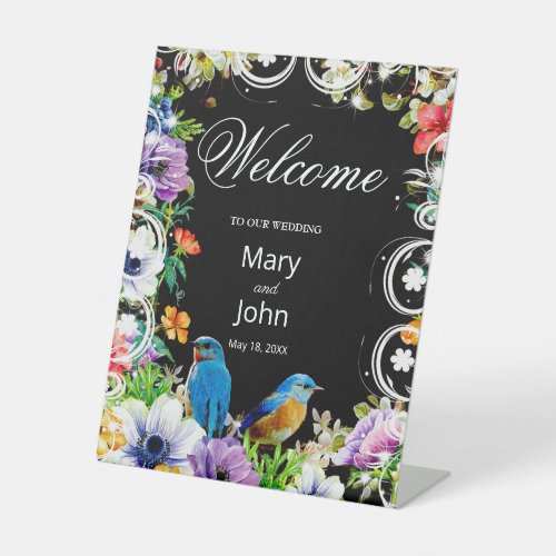 Colorful Blue Birds And Botanical Floral Wedding Pedestal Sign