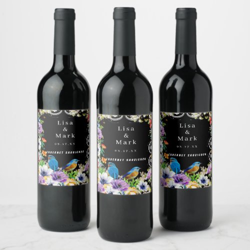 Colorful Blue Birds And Botanical Floral Wine Label