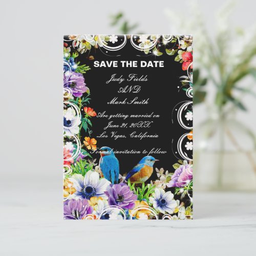 Colorful Blue Birds And Botanical Save The Date