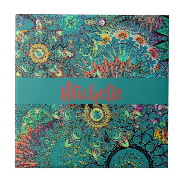 Colorful Blue Boheminan Boho Hippie Pattern Retro Ceramic Tile (Front)
